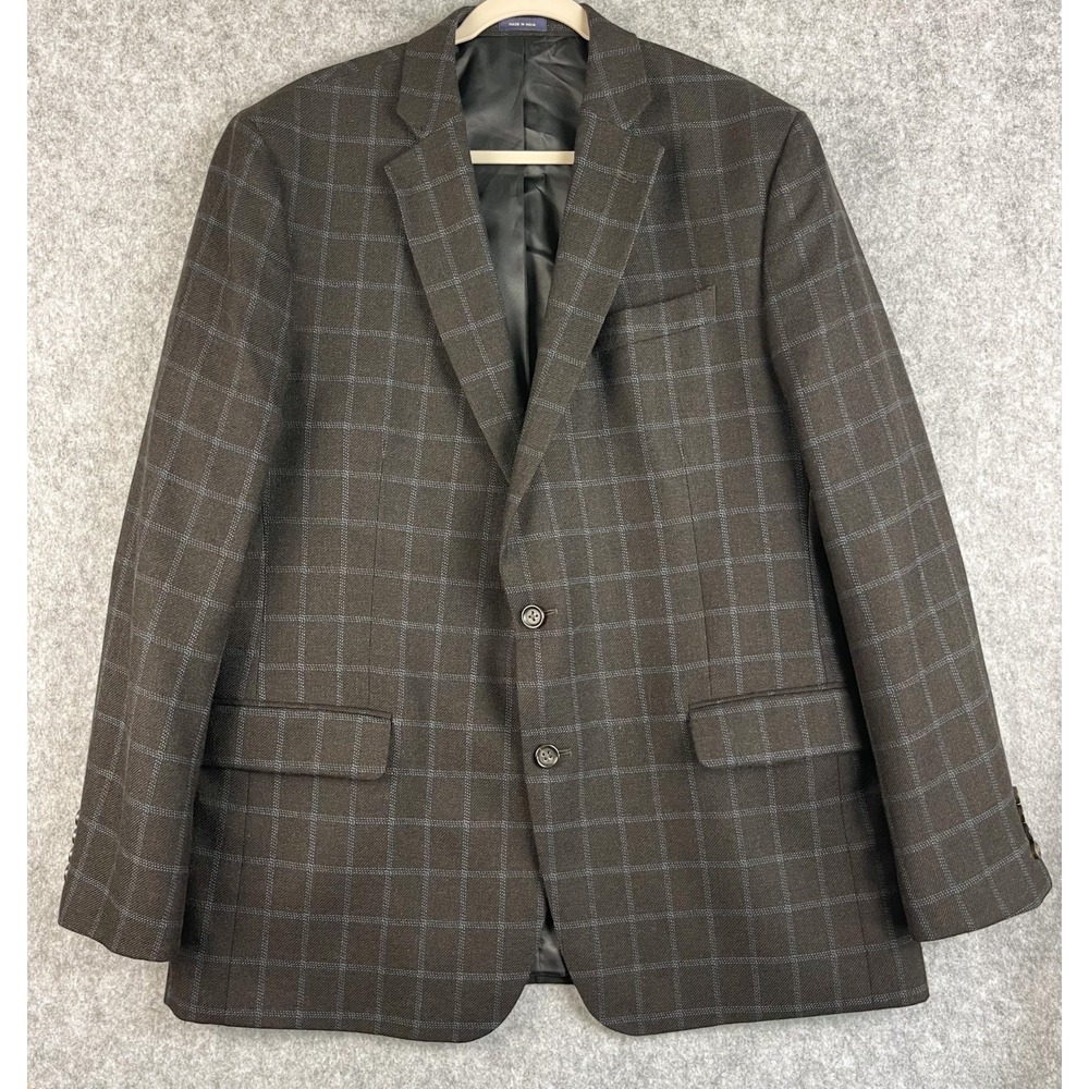 Stafford Blazer Sport Coat Mens 46L‎ Brown Windowpane Merino Wool Classic Fit